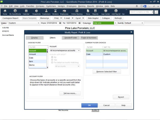 Utilitzeu la pestanya Filtres per modificar els informes de QuickBooks 2014