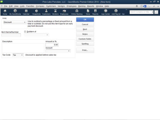 Kako dodati predmet s popustom na seznam predmetov v QuickBooks 2014