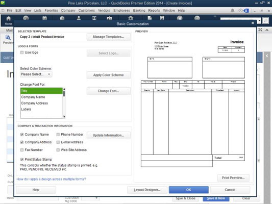 Základní přizpůsobení faktur v QuickBooks 2014