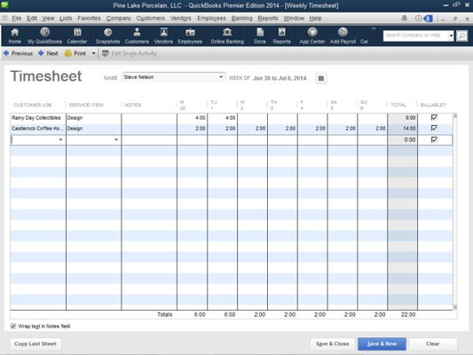 Përdorni një fletë javore të kohës për faturimin e kohës në QuickBooks 2014