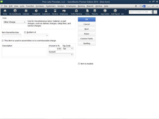 Hvernig á að bæta öðru gjaldi við vörulistann í QuickBooks 2014
