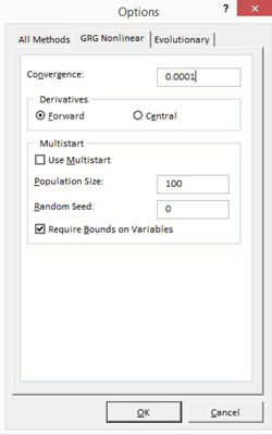 Jak používat nelineární kartu GRG v dialogovém okně Možnosti řešitele aplikace Excel