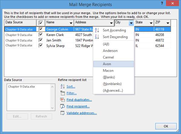 Kā filtrēt sapludināšanas datu avotu programmā Word 2013