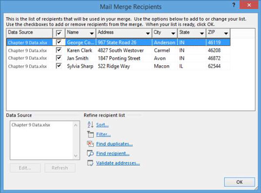 Kaip filtruoti sujungimo duomenų šaltinį programoje „Word 2013“.