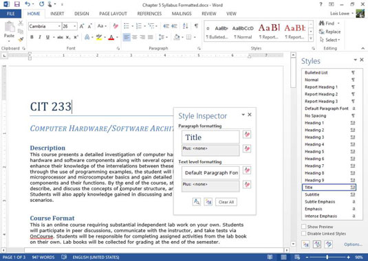 Hvordan se anvendte stiler i Word 2013