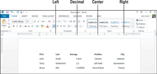 Tabulēšanas pieturu pamati programmā Word 2013