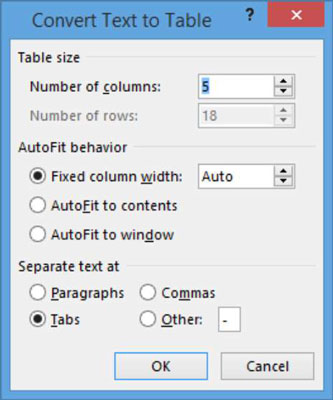 Hvordan konvertere tekst til en tabell i Word 2013
