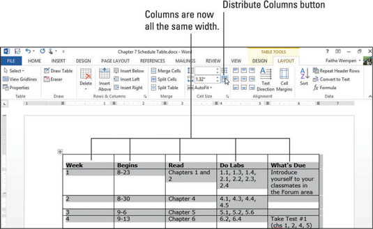 Kaip pakeisti lentelės eilučių ir stulpelių dydį programoje „Word 2013“.