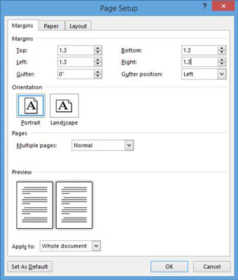 Sådan indstilles sidemargener, -størrelse og -retning i Word 2013