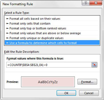 Betinget formatering ved sammenligning av lister i Excel