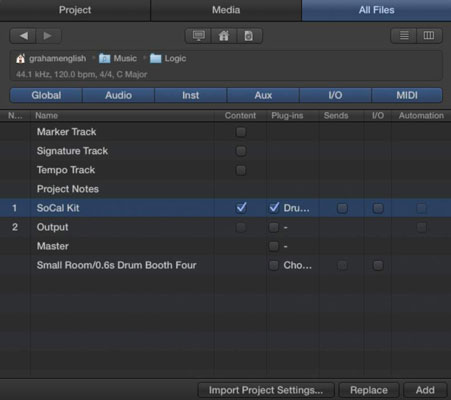 Importējiet iestatījumus un saturu no citiem Logic Pro X projektiem