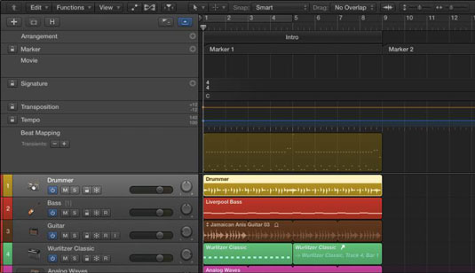 Visuotiniai takeliai sistemoje „Logic Pro X“.