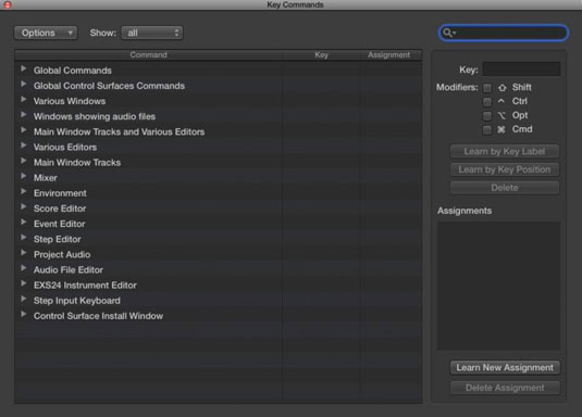 Navigálás Logic Pro X Key Commands segítségével