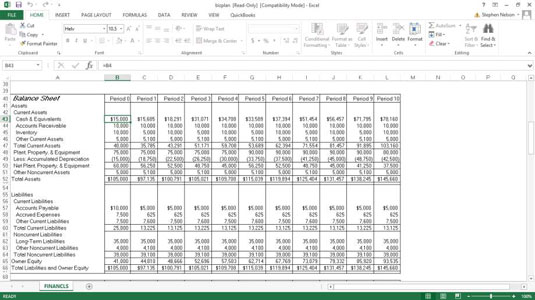 El balanç del llibre de treball inicial de planificació empresarial de QuickBooks