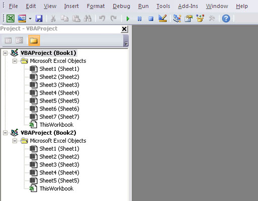 Projekto langas „Visual Basic“ rengyklėje ir „Excel“ makrokomandose