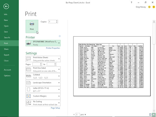 Slik bruker du Backstage Print Screen i Excel 2016