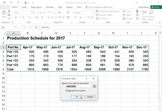 Sådan formateres som en tabel i Excel 2016