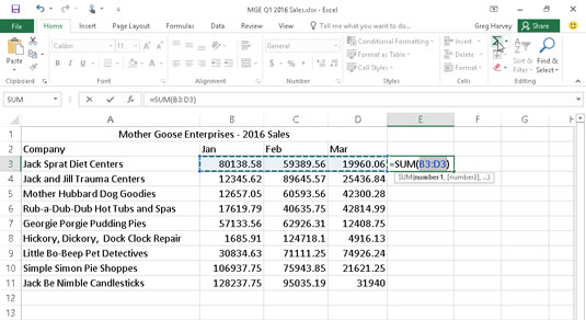 Autosumi kasutamine Excel 2016-s