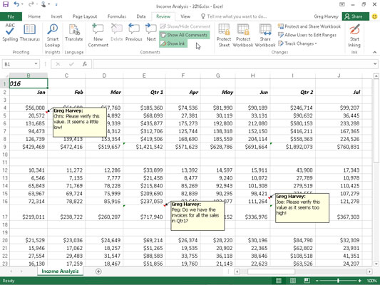 Kommenttien tarkistaminen ja muokkaaminen Excel 2016:ssa