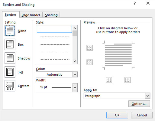 Slik bruker du dialogboksen kantlinjer og skyggelegging i Word 2016