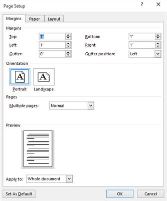 Kā lietot lapas iestatīšanas dialoglodziņu programmā Word 2016