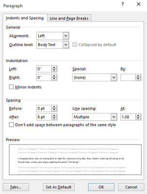 Slik bruker du kommandoer for avsnittsformatering i Word 2016