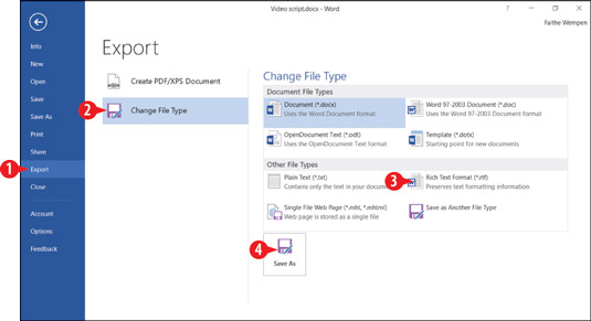 Slik lagrer du rapporten i andre formater i Word 2016