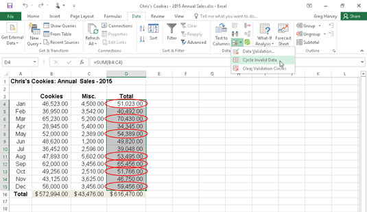 Virheellisten tietojen merkitseminen Excel 2016:ssa