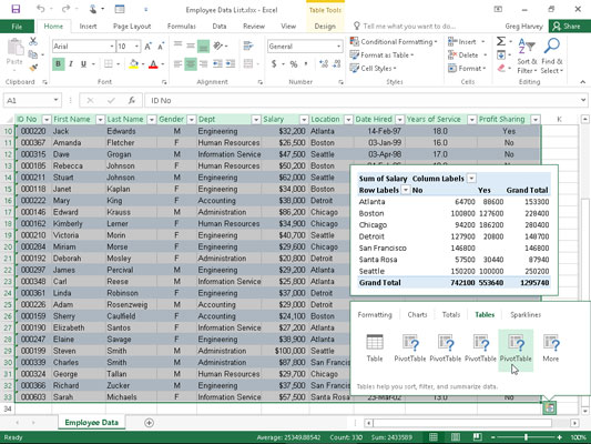 Kā izveidot rakurstabulas, izmantojot ātrās analīzes rīku programmā Excel 2016