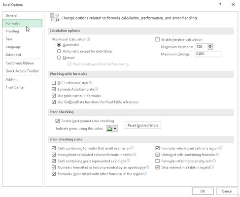 Kā mainīt izplatītākās aprēķinu opcijas programmas Excel 2016 cilnē Formulas