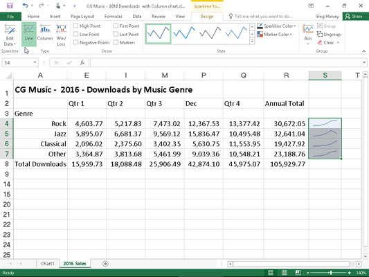 Sådan tilføjes Sparkline-grafik til et regneark i Excel 2016