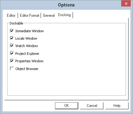 Kaip tinkinti „Excel 2016 VBA“ aplinką per skirtuką „Bendra“ ir „Docking“ skirtuką