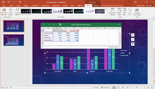 Slik legger du til et nytt lysbilde med et diagram i PowerPoint 2016