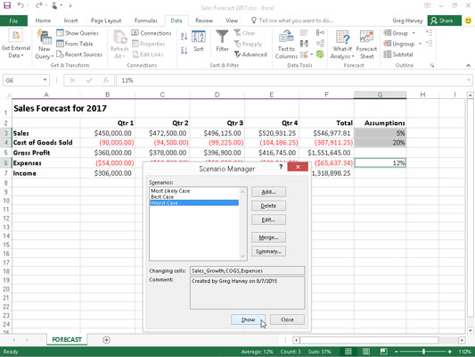 Scenāriju iestatīšana programmā Excel 2016