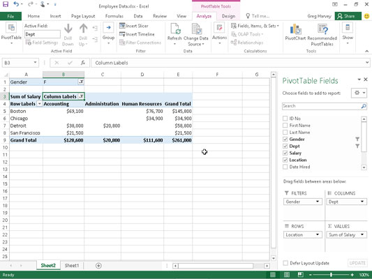 Slik filtrerer du pivottabelldata i Excel 2016