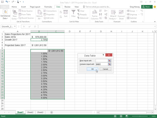 Hvordan lage en datatabell med én variabel i Excel 2016