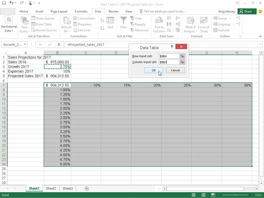 Sådan opretter du en datatabel med to variable i Excel 2016