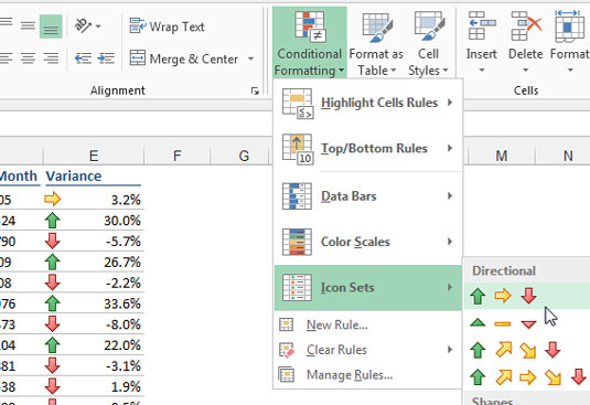 Pateikite tendencijas „Excel“ informacijos suvestinėse naudodami piktogramų rinkinius