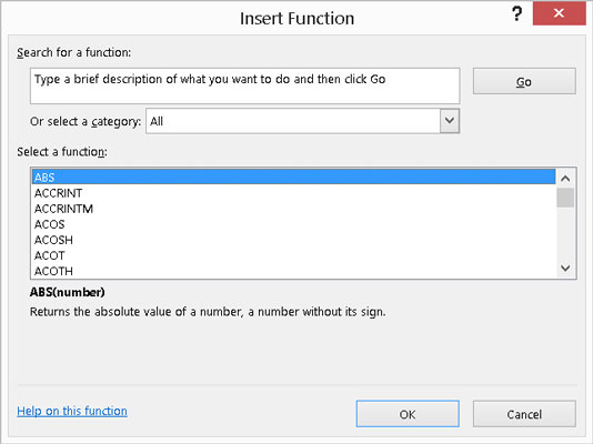 Funkcijos įterpimo dialogo langas programoje „Excel 2016“.