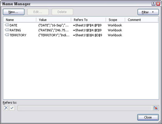 Diapazonu nosaukumu pārvaldība programmā Excel 2007