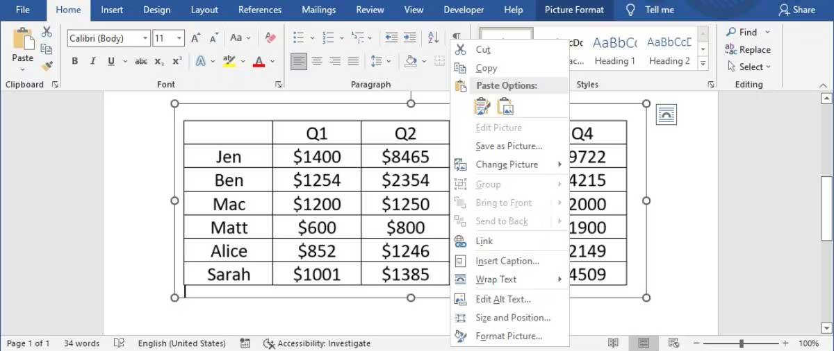 Kako pretvoriti tablice u slike u programu Microsoft Word