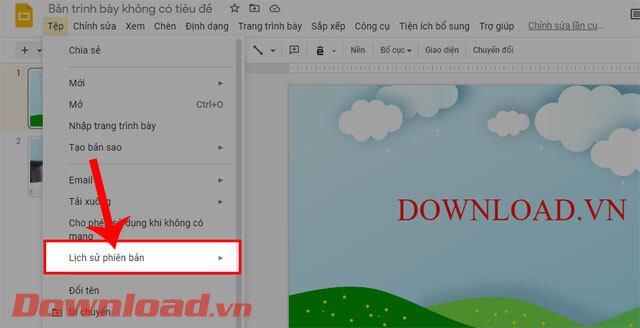 Instruksjoner for å se redigeringsloggen på Google Slides