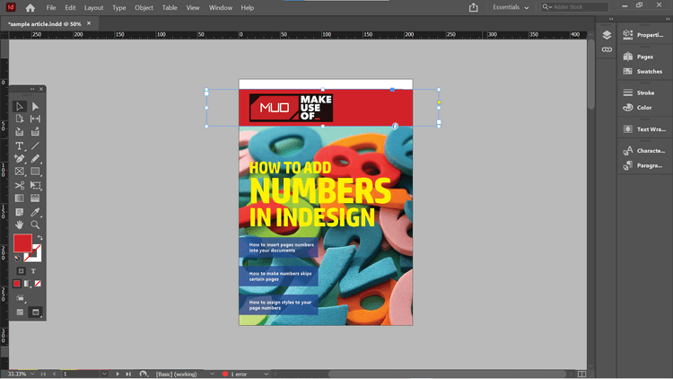 Kā pievienot lappušu numurus programmā Adobe InDesign