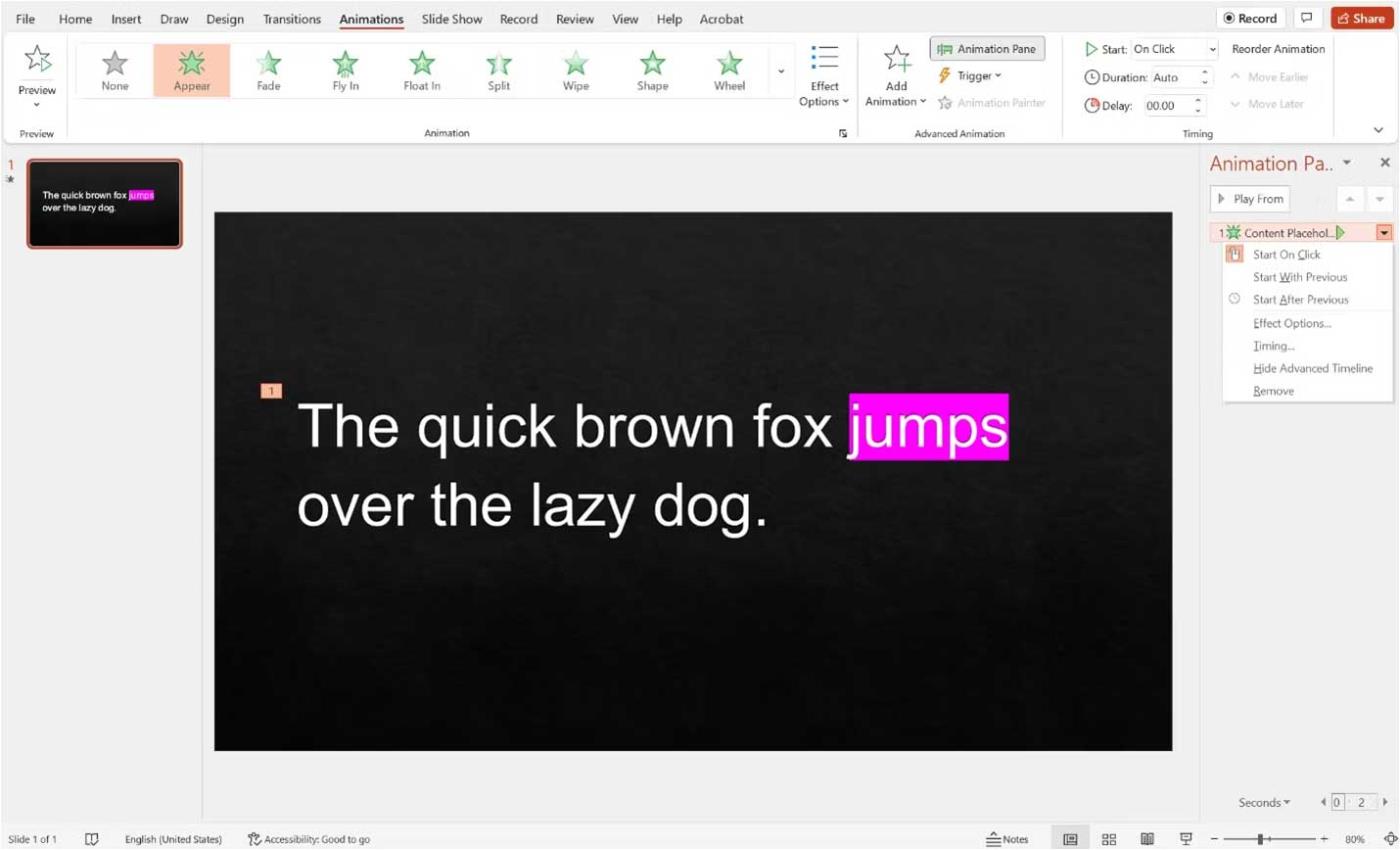 Kaip pabrėžti žodį Microsoft PowerPoint pristatyme