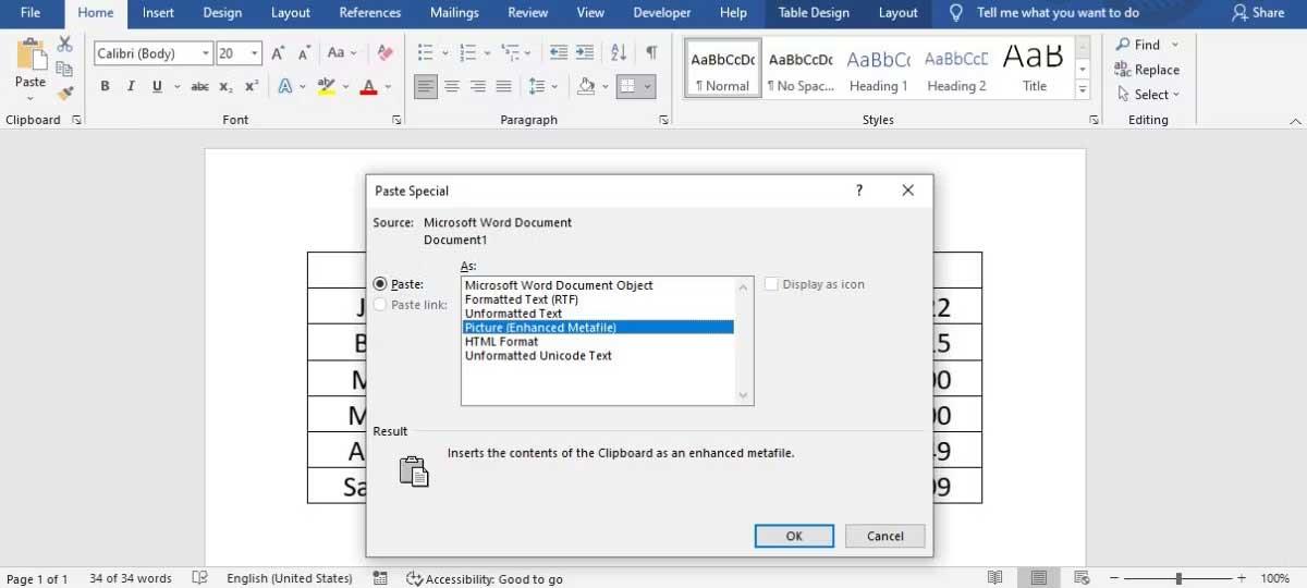 Kako pretvoriti tabele v slike v programu Microsoft Word