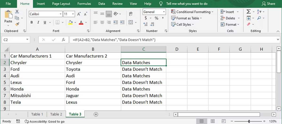 Cách so sánh hai cột trong Excel