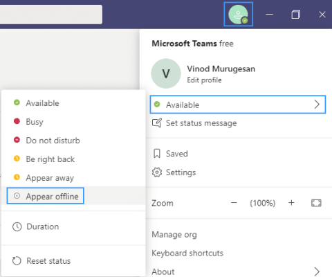 Microsoft Teams: aseta Poissa-viesti ja tila offline-tilaan