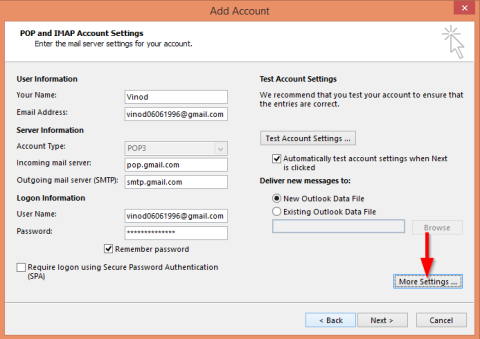 Postavke konfiguracije Gmaila za postavljanje u Outlooku za Windows