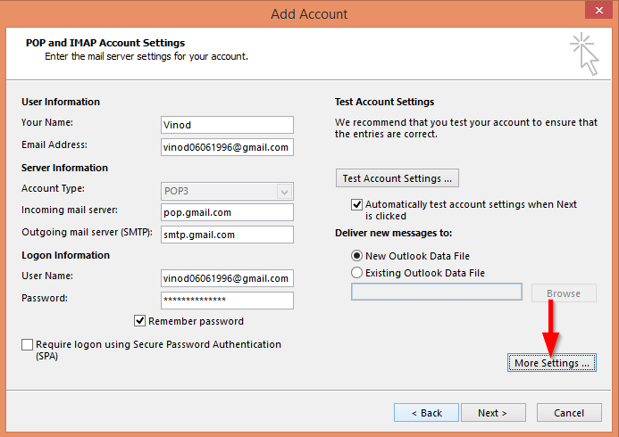 Gmail-määritysasetukset Outlook for Windows -sovelluksen määritystä varten