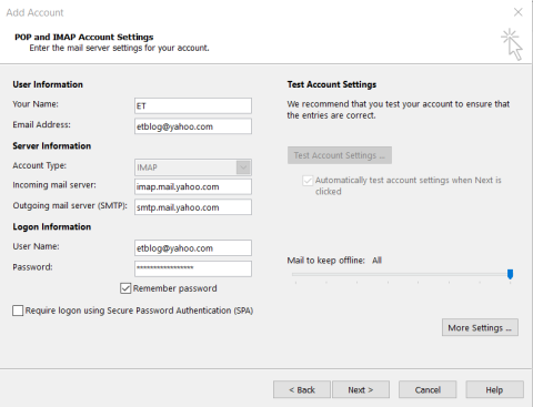 Cilësimet e konfigurimit për të shtuar Yahoo Mail në Outlook 365, 2019, 2016